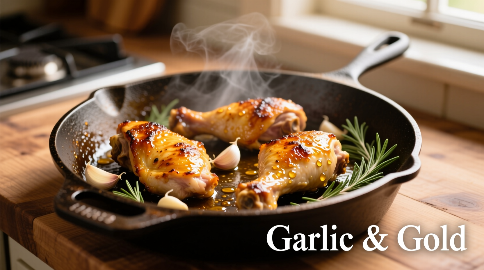 Golden garlic chicken thighs in cast iron skillet