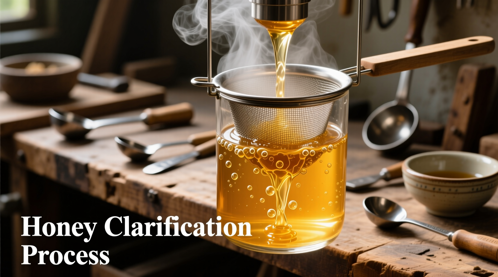 Honey clarification process with water bath and mesh filter