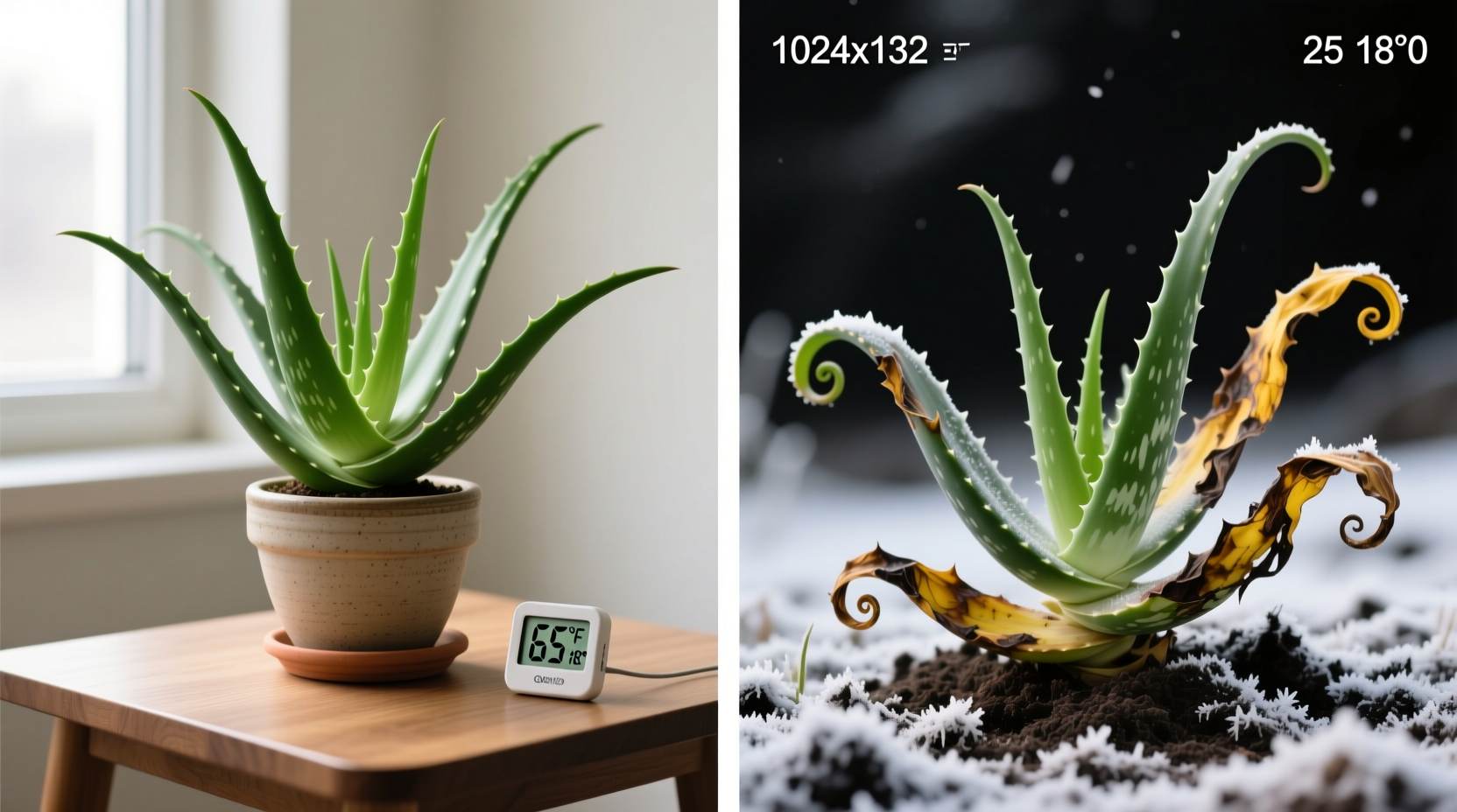 Indoor aloe vera thriving in winter at 65°F showing no cold stress versus outdoor plant with damaged leaves at same calendar date