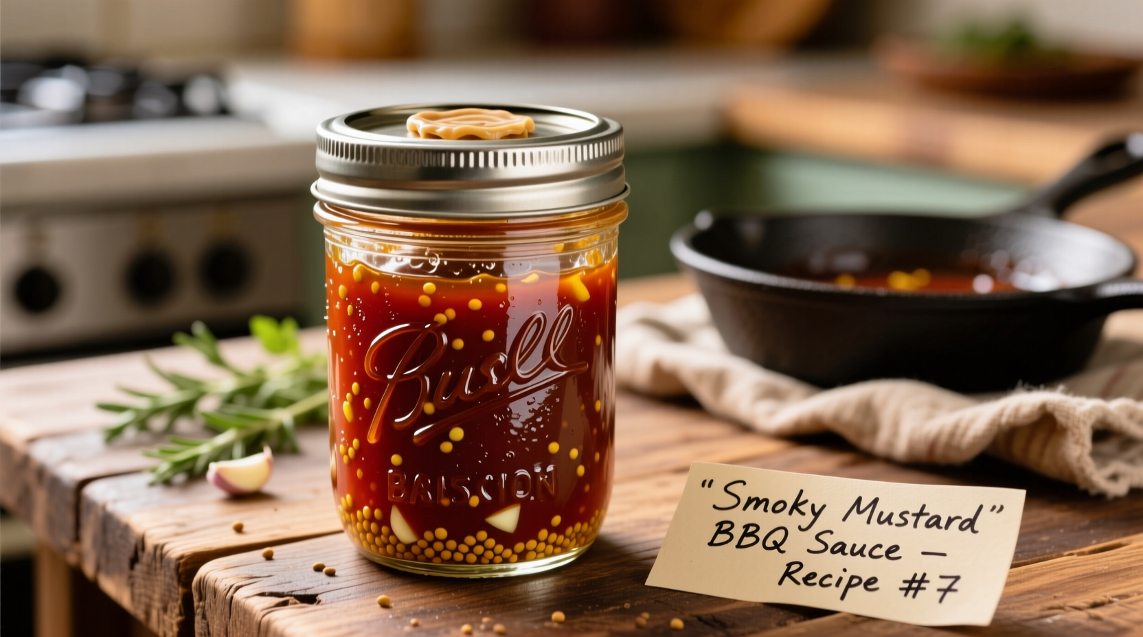 Homemade mustard barbecue sauce in mason jar
