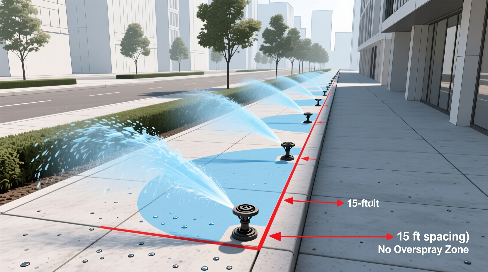 Proper sprinkler head placement avoiding sidewalk overspray