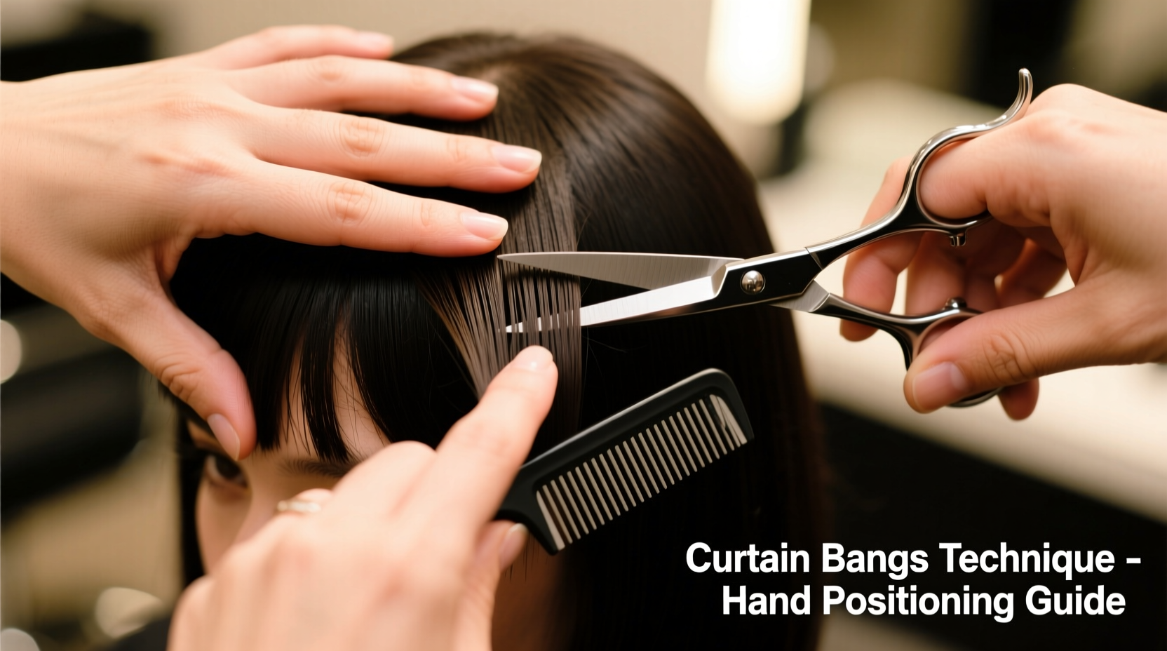 Hand positioning for cutting curtain bangs