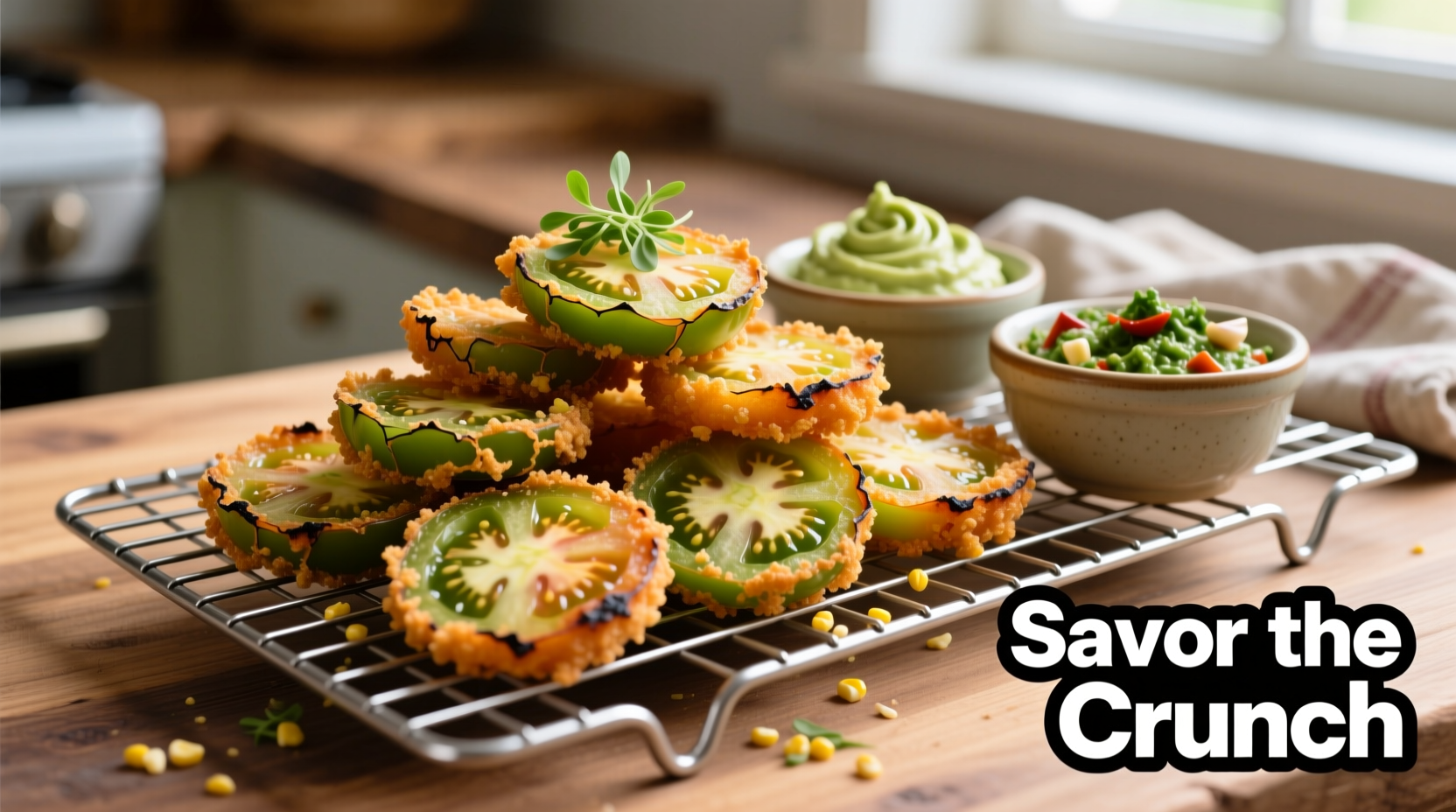 Crispy fried green tomatoes on wire rack with dipping sauces