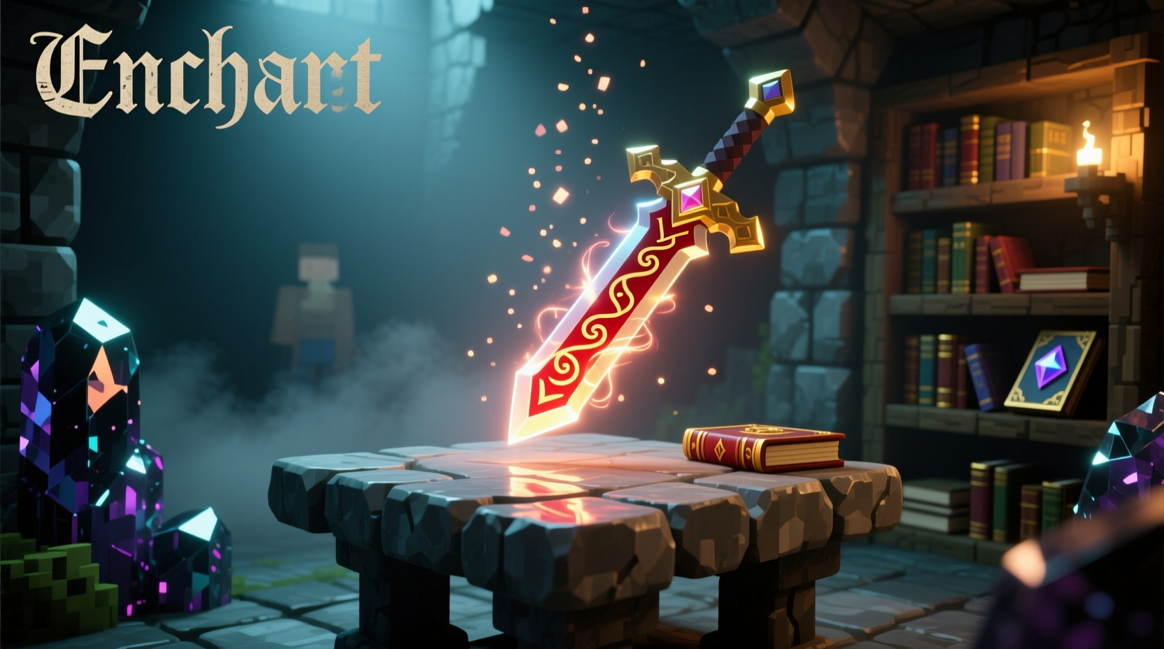 Enchanting sword at Minecraft enchantment table