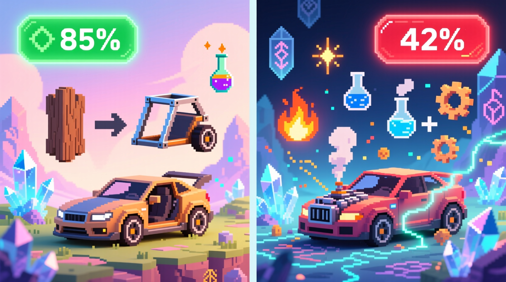 Comparison of car creation methods in Infinite Craft showing success rates