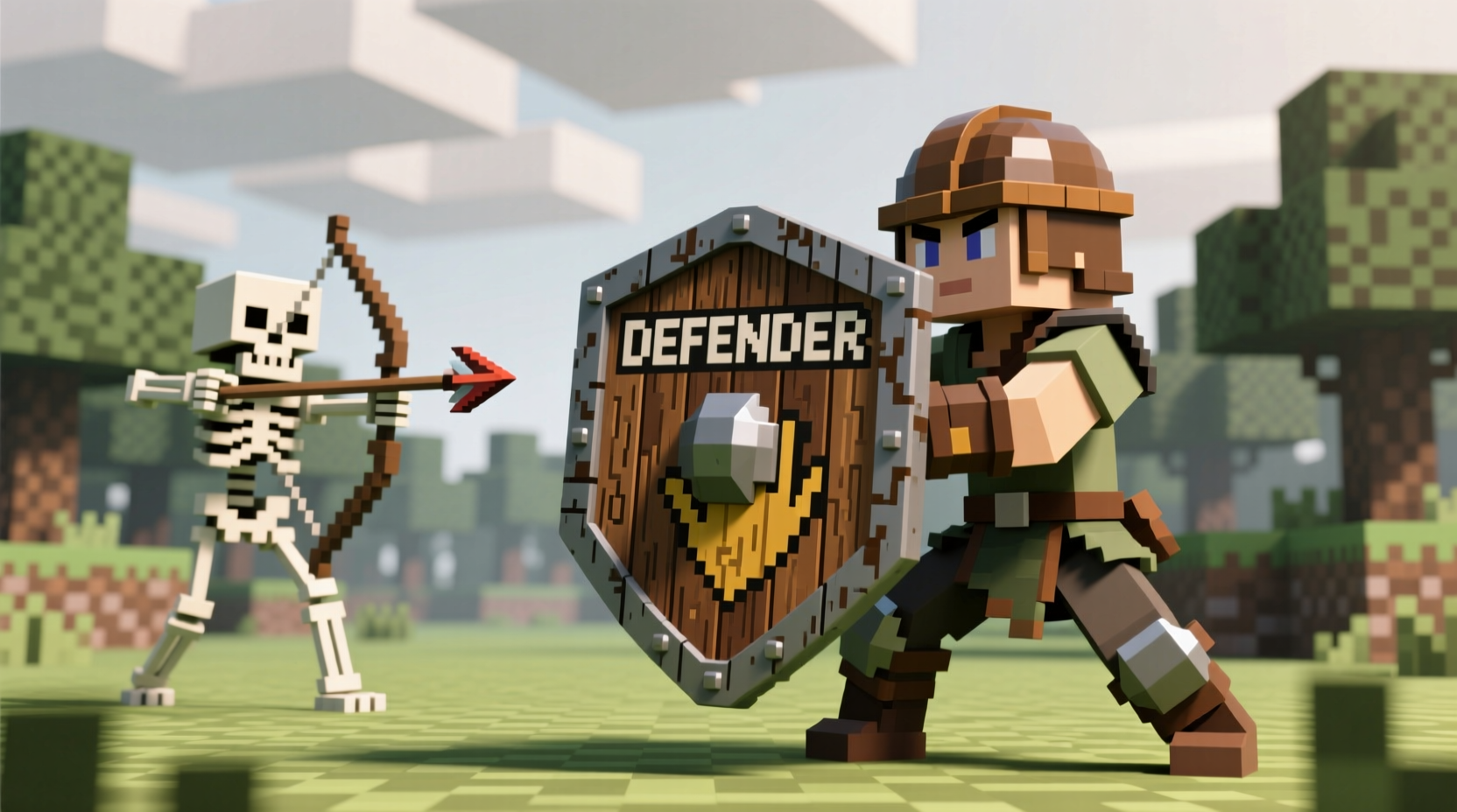Player holding crafted shield blocking skeleton arrow in Minecraft