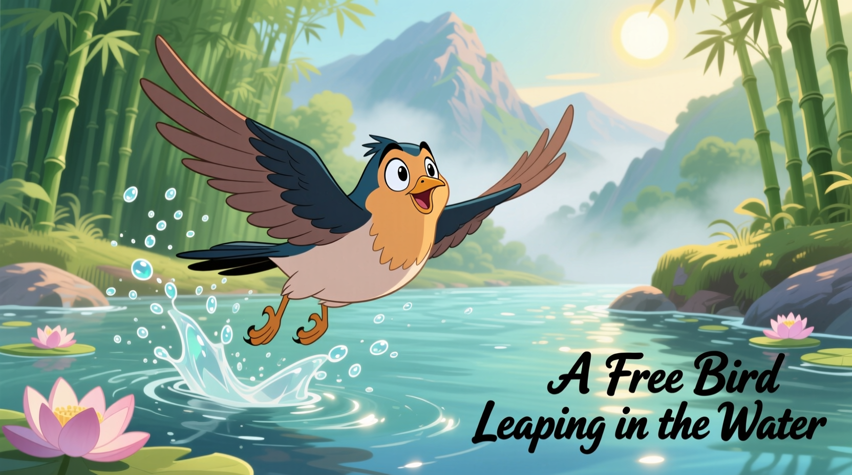 a free bird leaping in the water cartoon