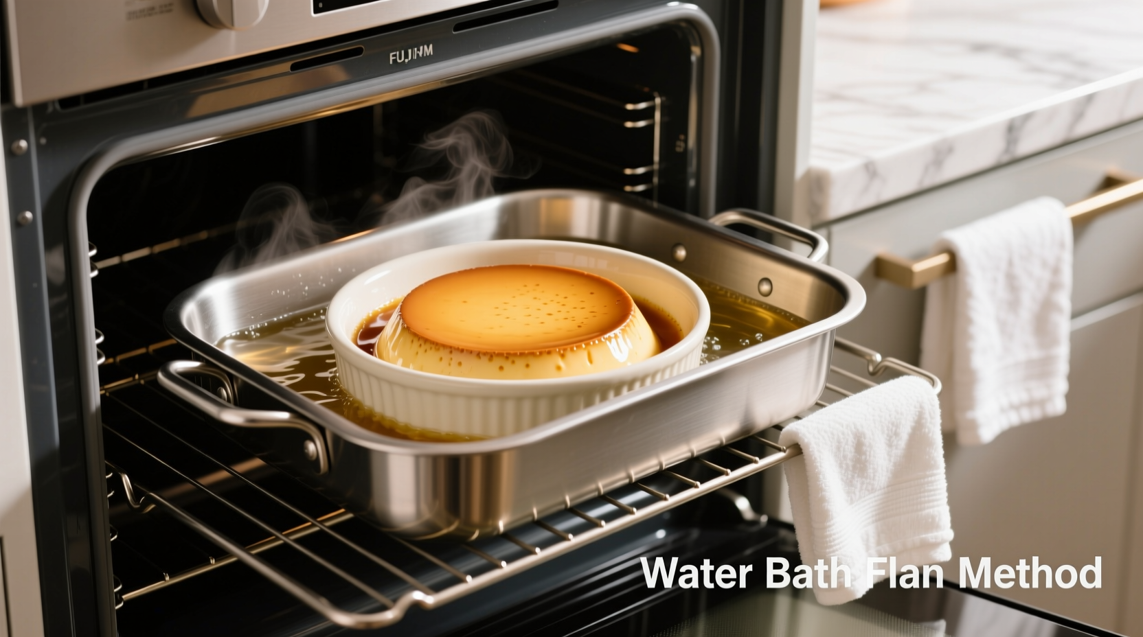 Water bath setup for baking flan in oven