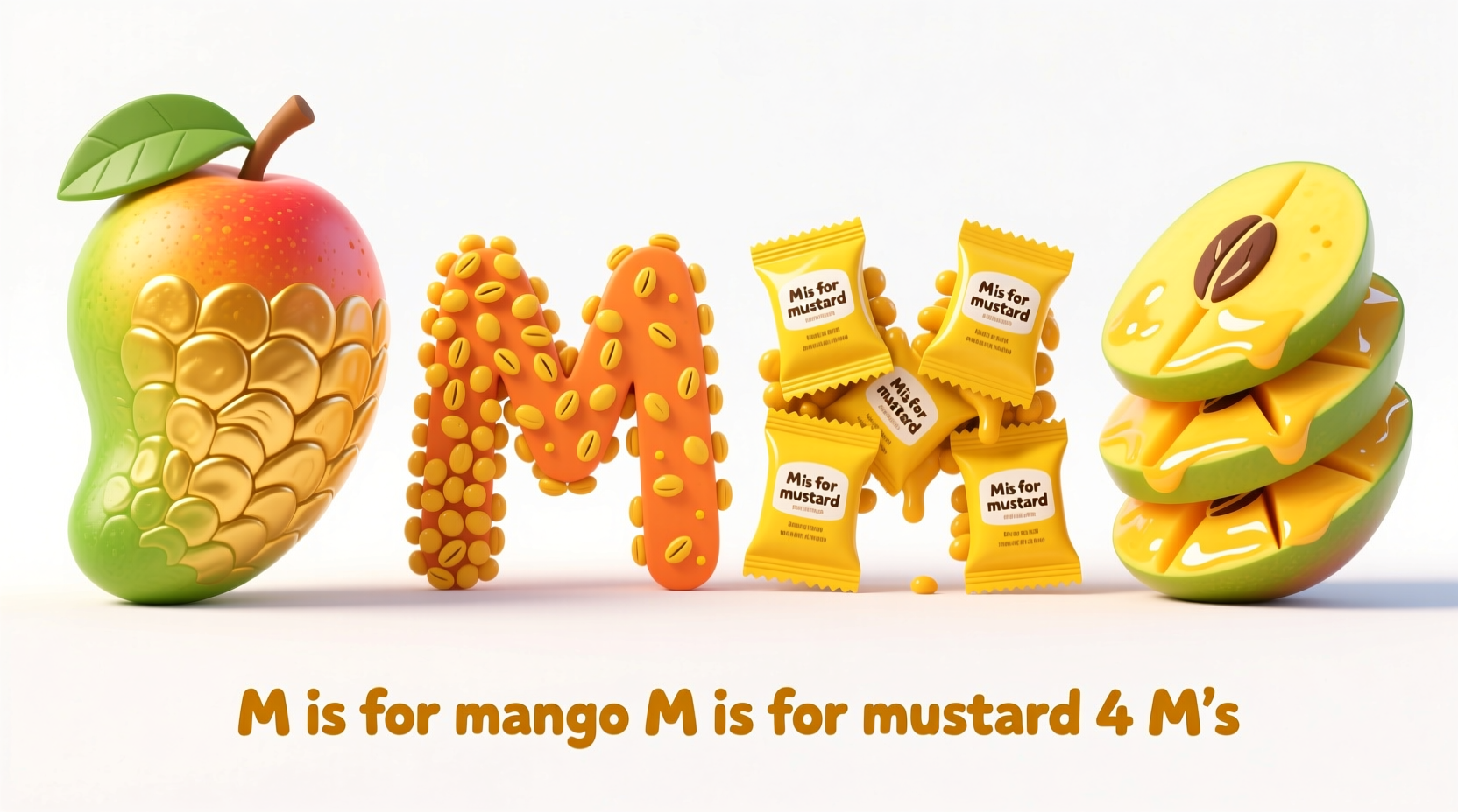 Colorful graphic showing 'M is for Mango, M is for Mustard' with mustard seeds and bottles