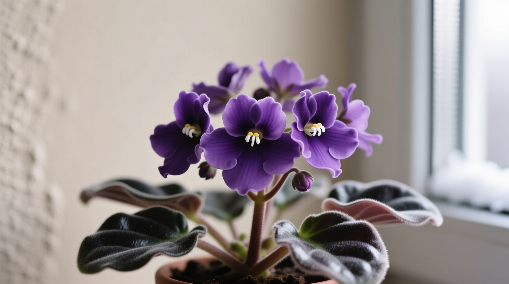 Winter-blooming African violet on north windowsill, demonstrating why indirect light matters for consistent flowering in low-humidity homes