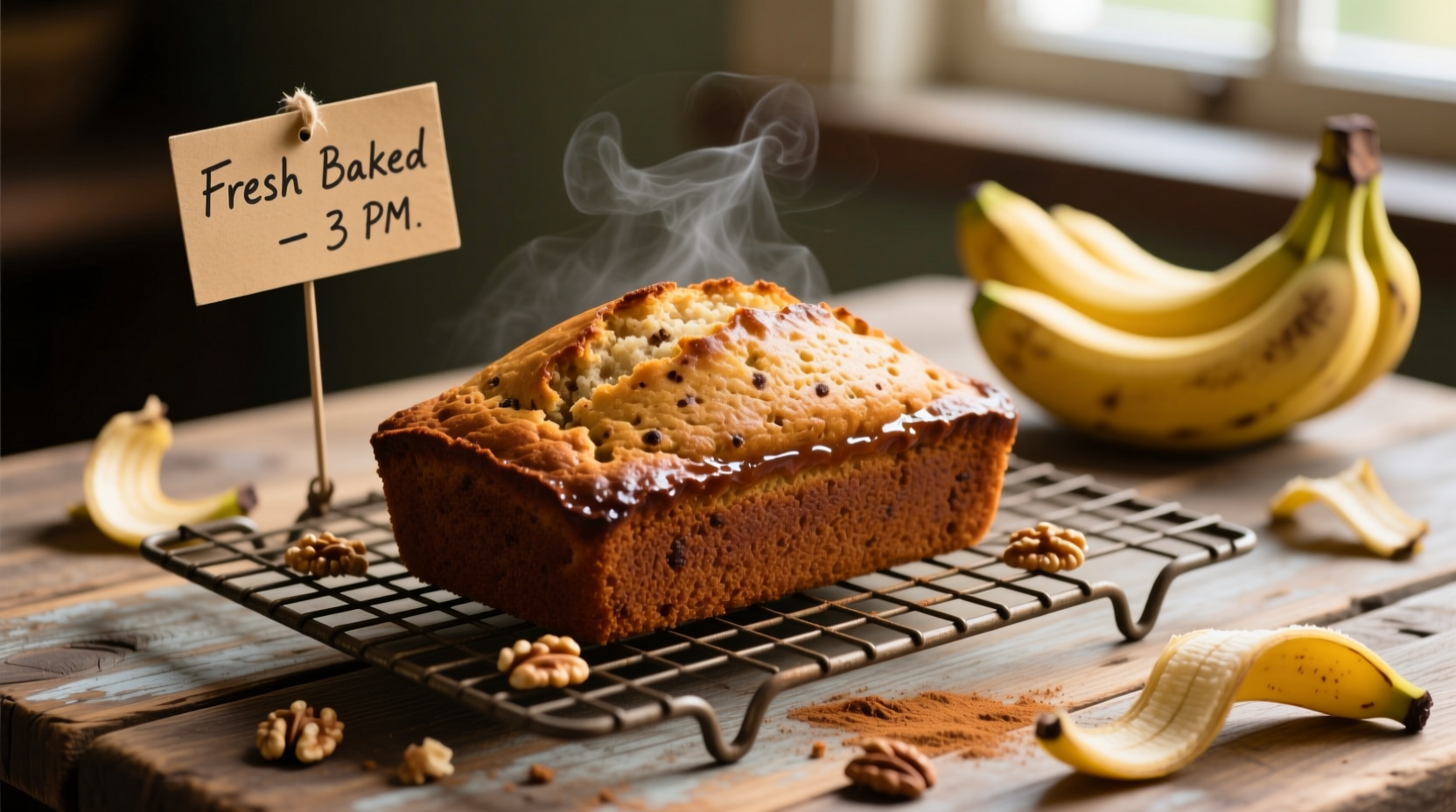Golden brown banana bread cooling on wire rack