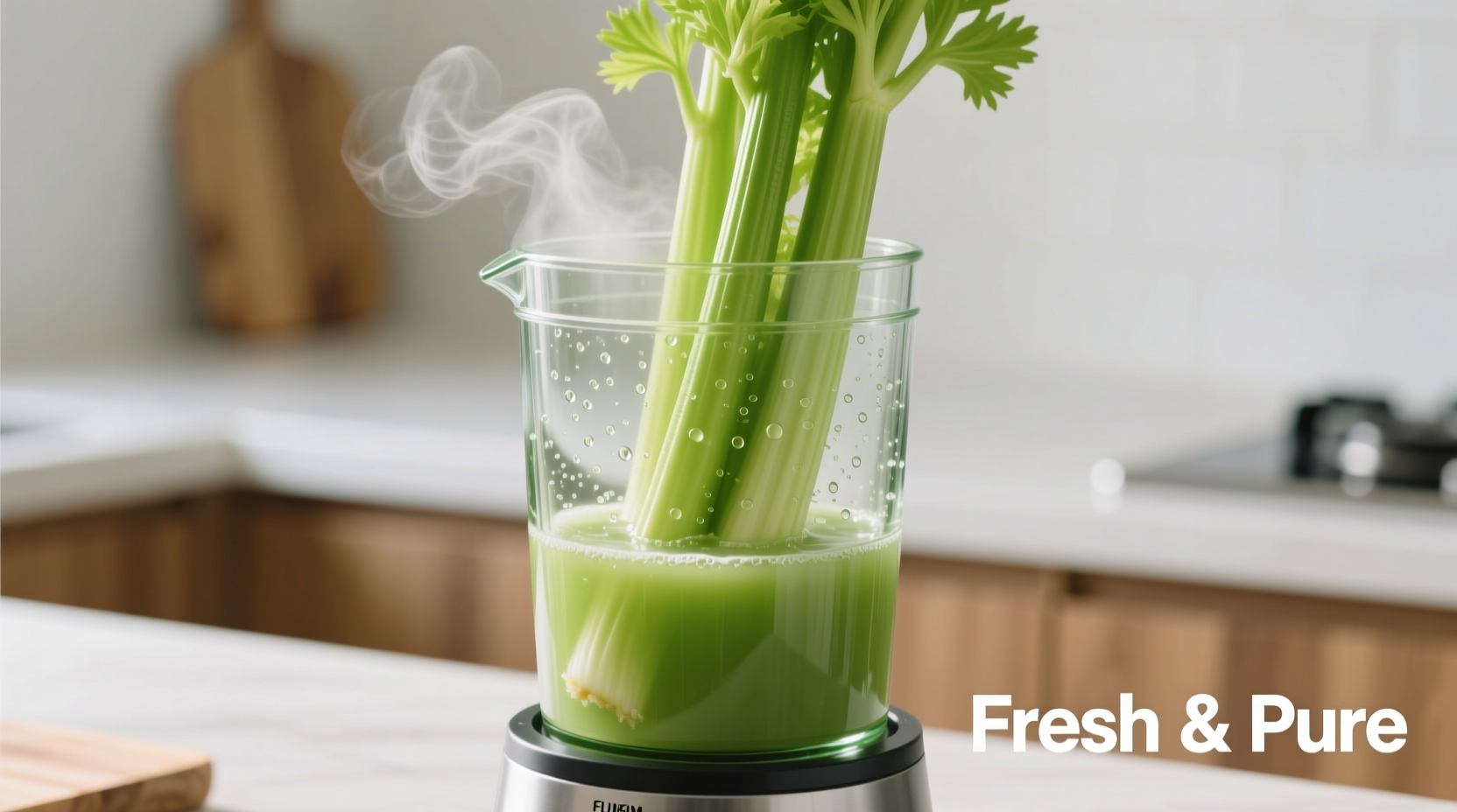 Fresh celery stalks in glass juicer