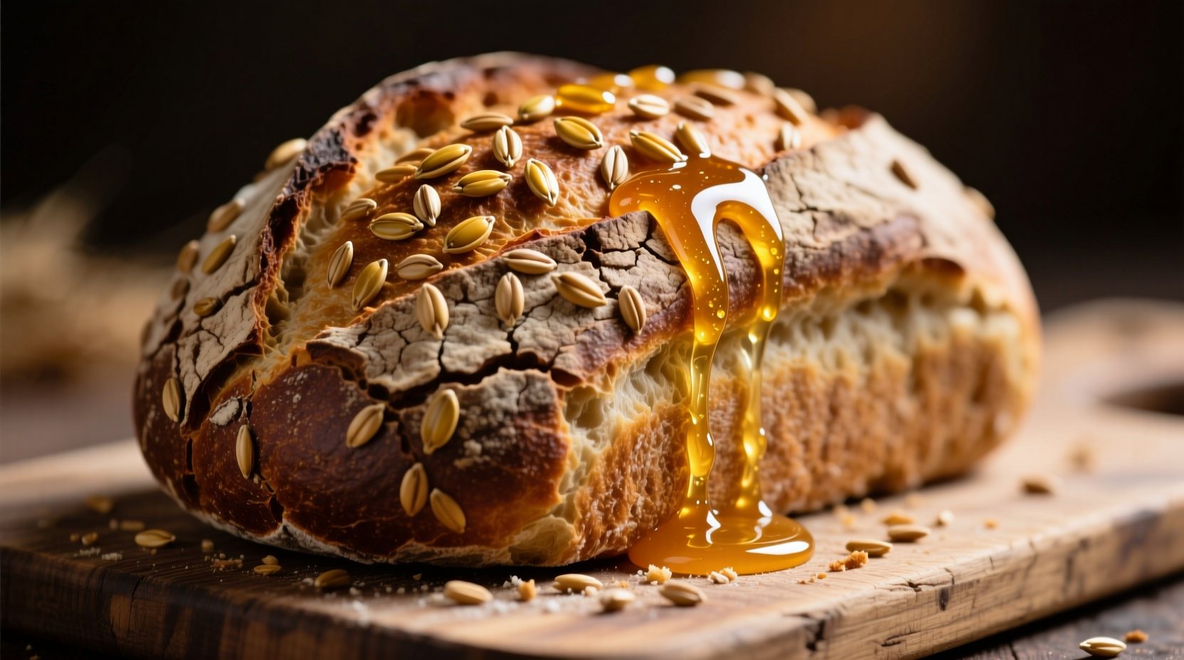 Artisan honey rye bread with visible caraway seeds and fresh honey drizzle