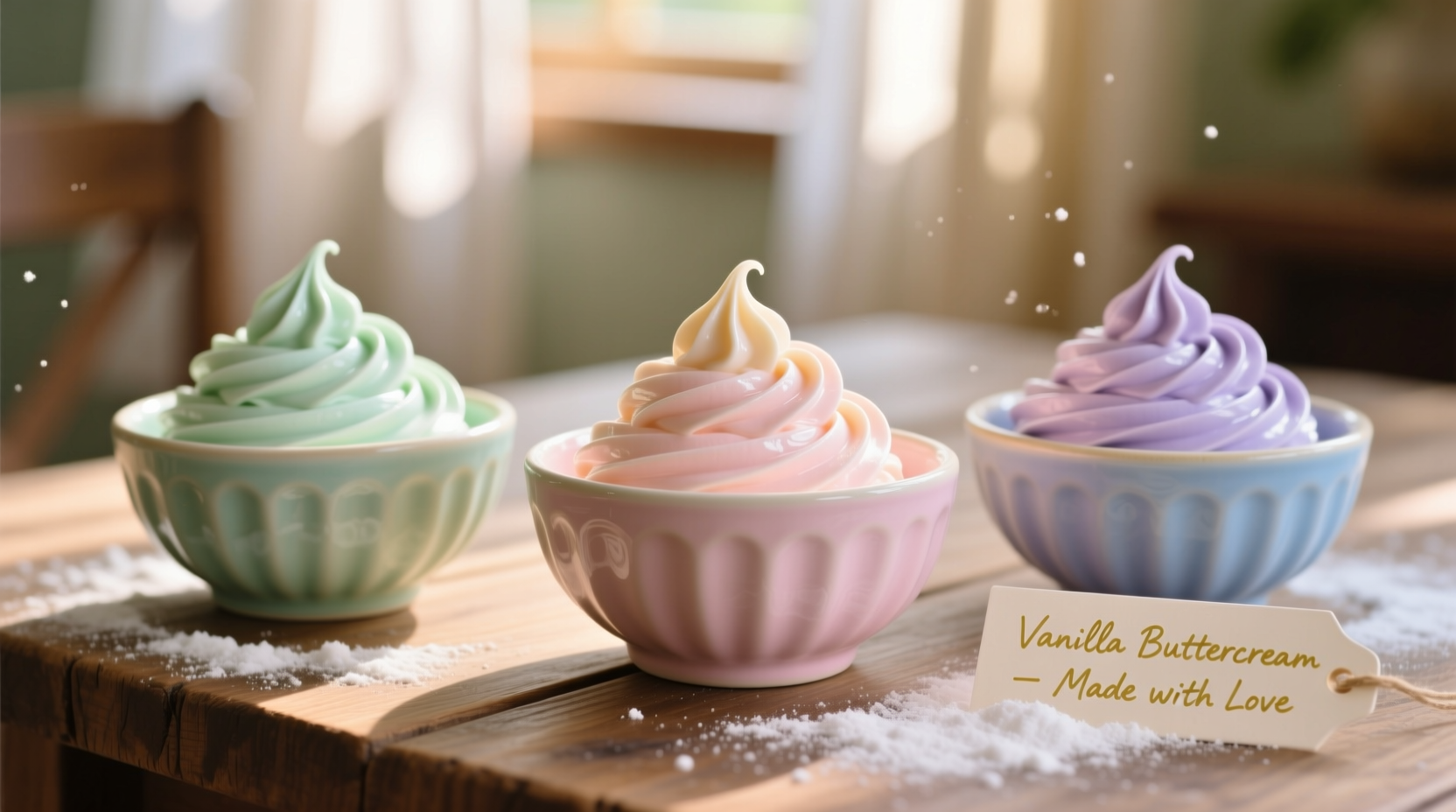 Three bowls of homemade vanilla buttercream icing in pastel colors