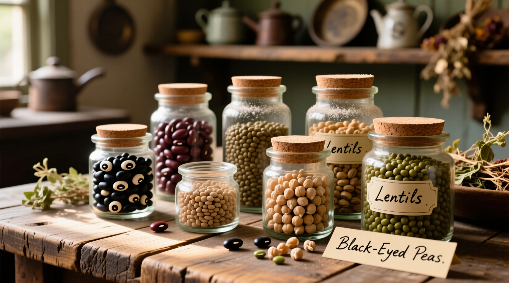 Various dried beans in glass jars on wooden table