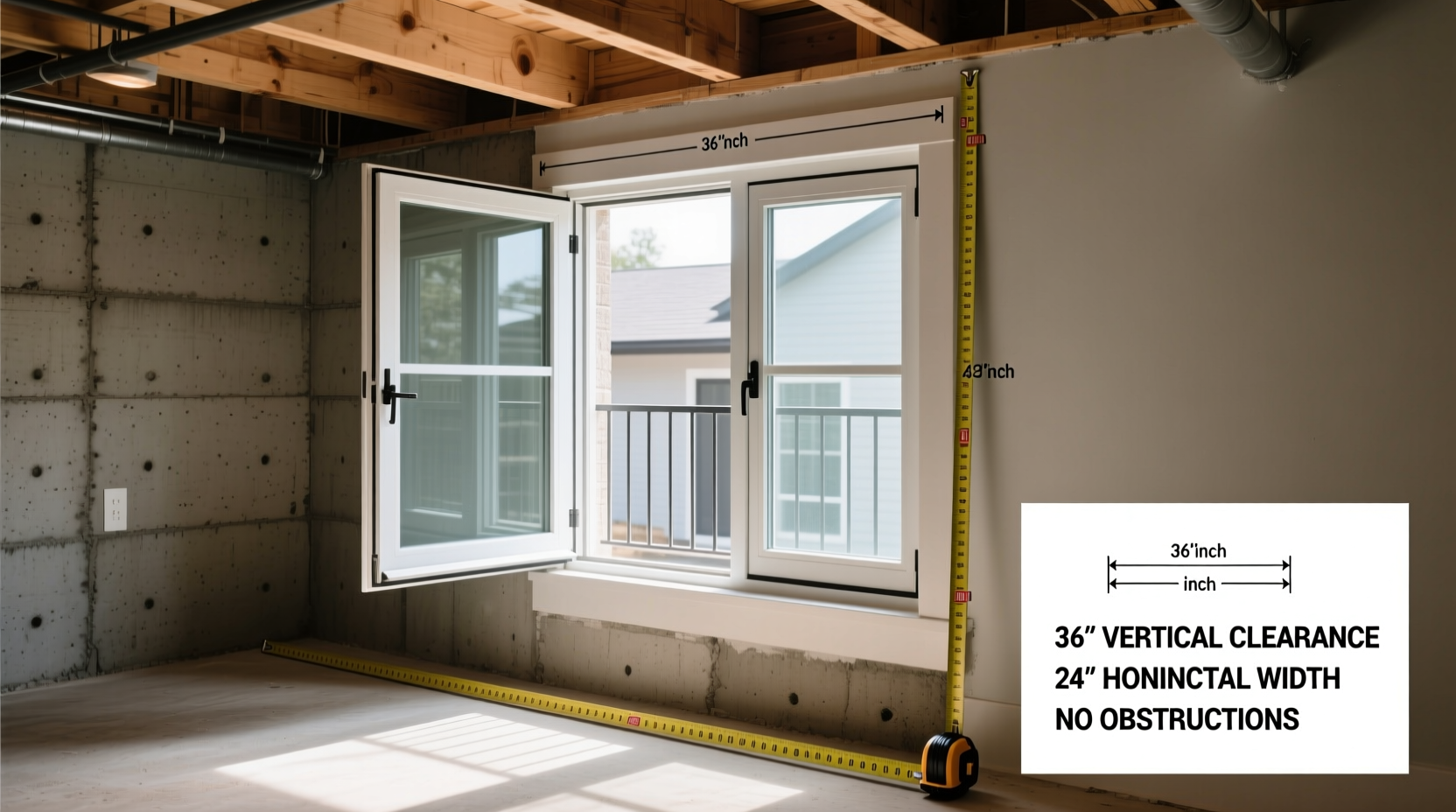 Basement egress window installation showing proper clearance measurements