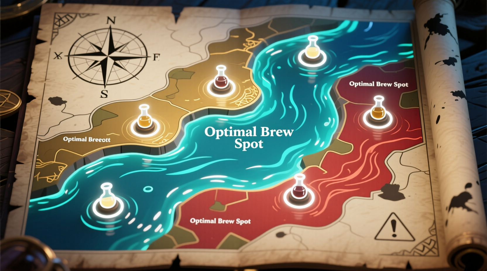 Potion Craft water map strategy showing optimal brewing positions