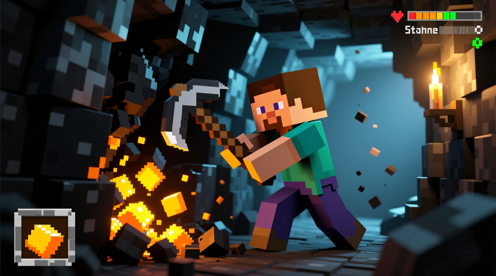 Player mining coal ore with iron pickaxe in Minecraft