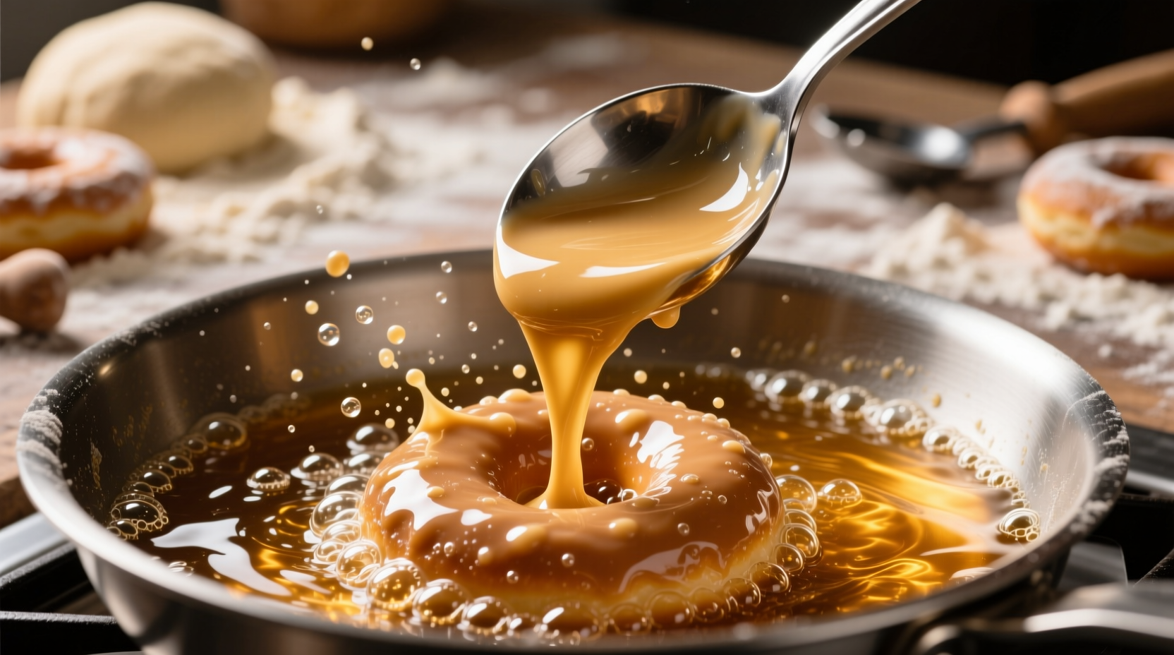 Close-up of doughnut batter being poured into hot oil