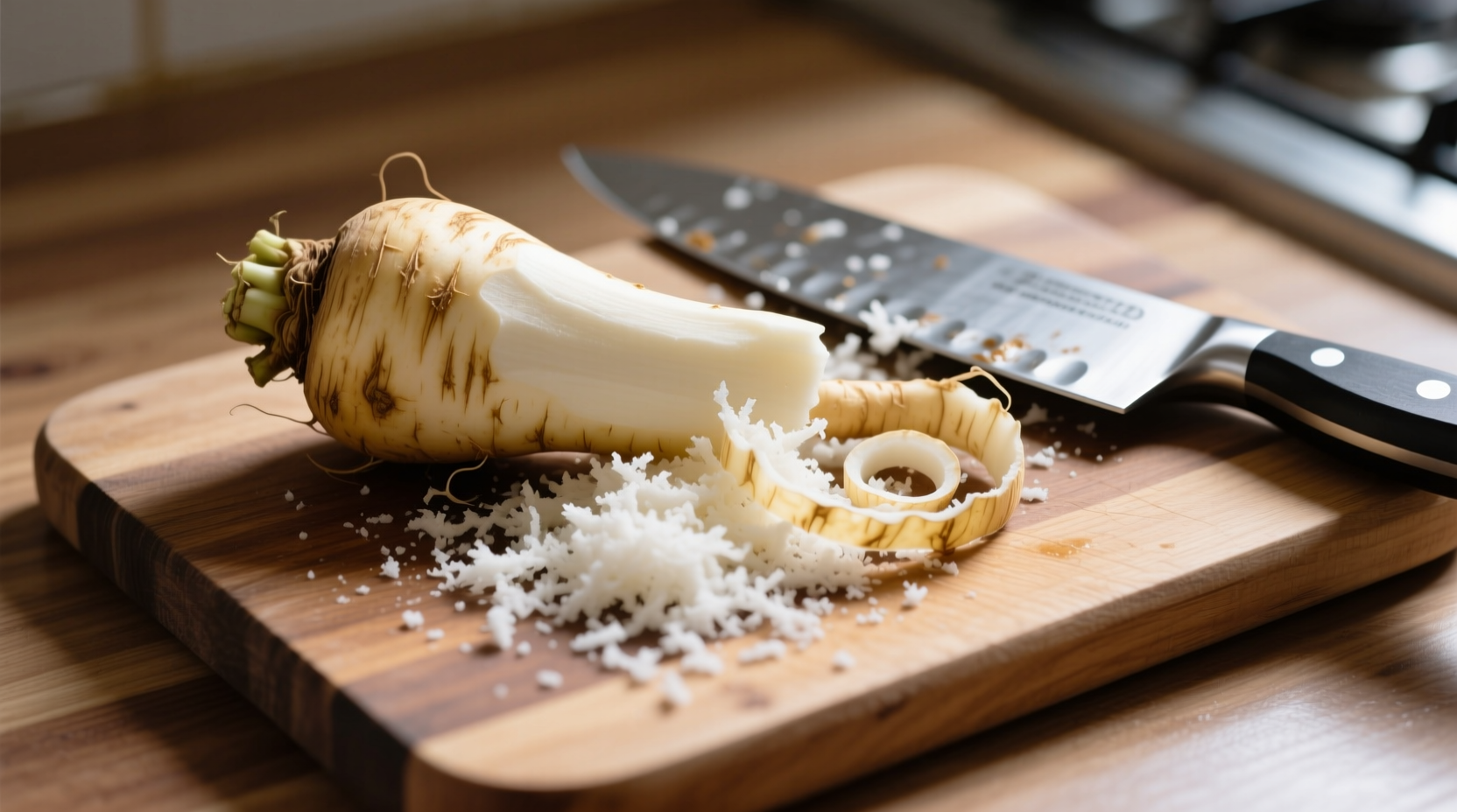 Fresh horseradish root peeled and grated on cutting board