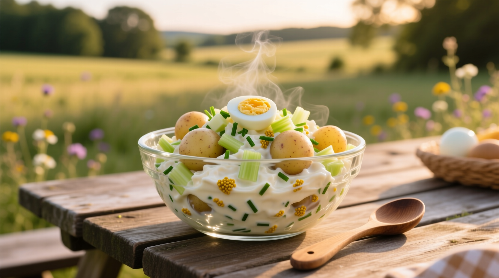 Creamy classic potato salad in glass bowl