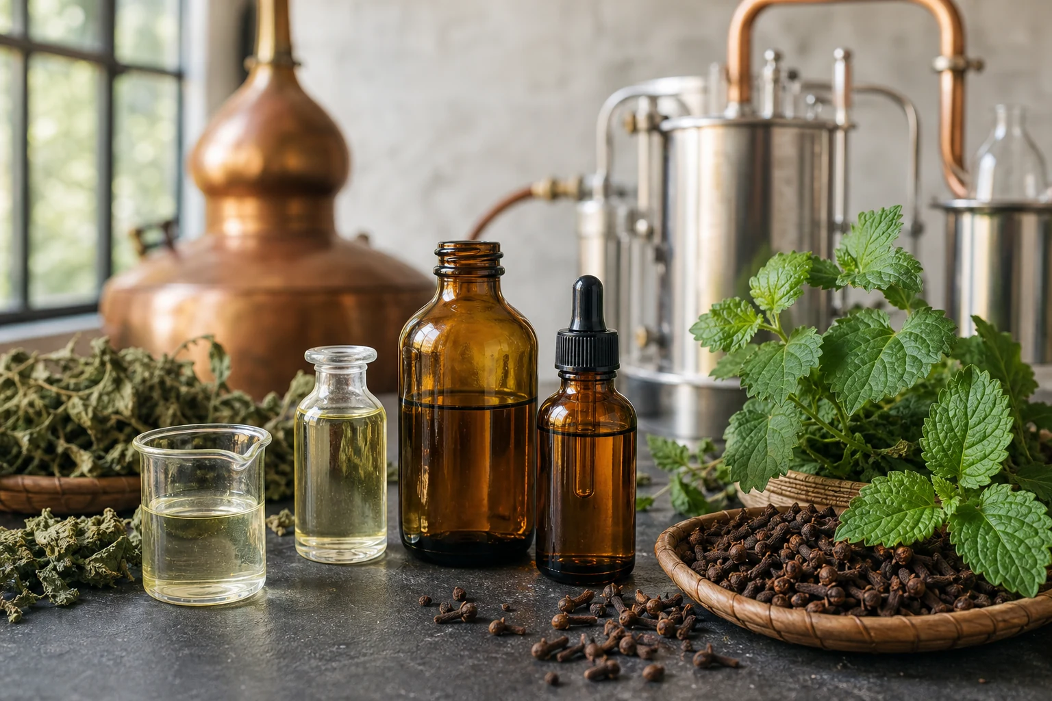 Illustrative patchouli and clove oil distillation workspace