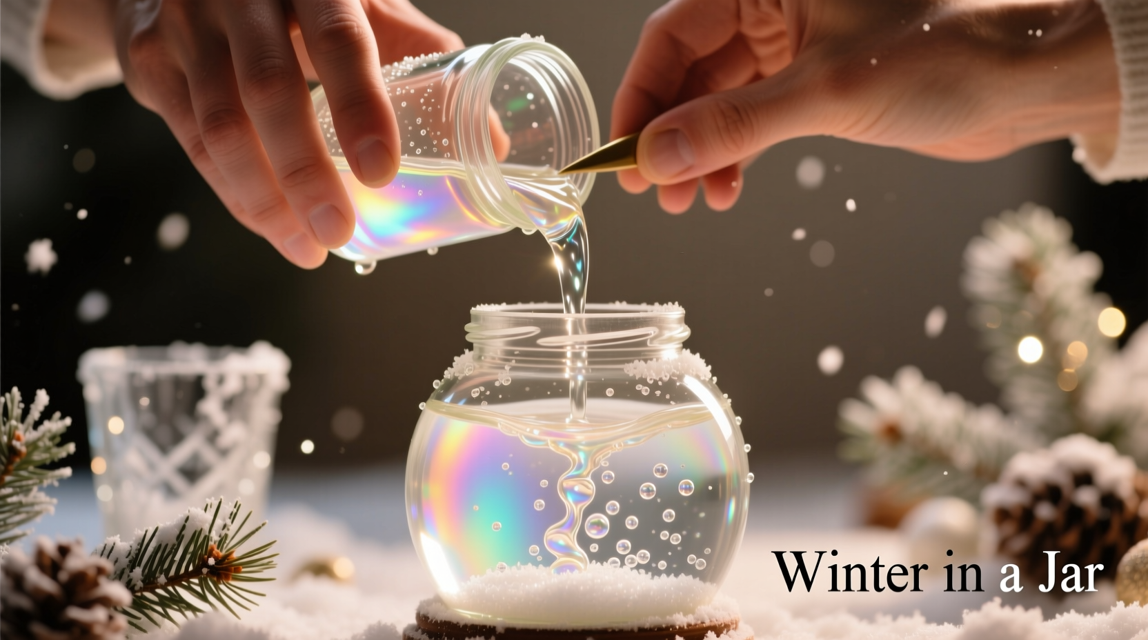Hands pouring glycerin mixture into snow globe jar
