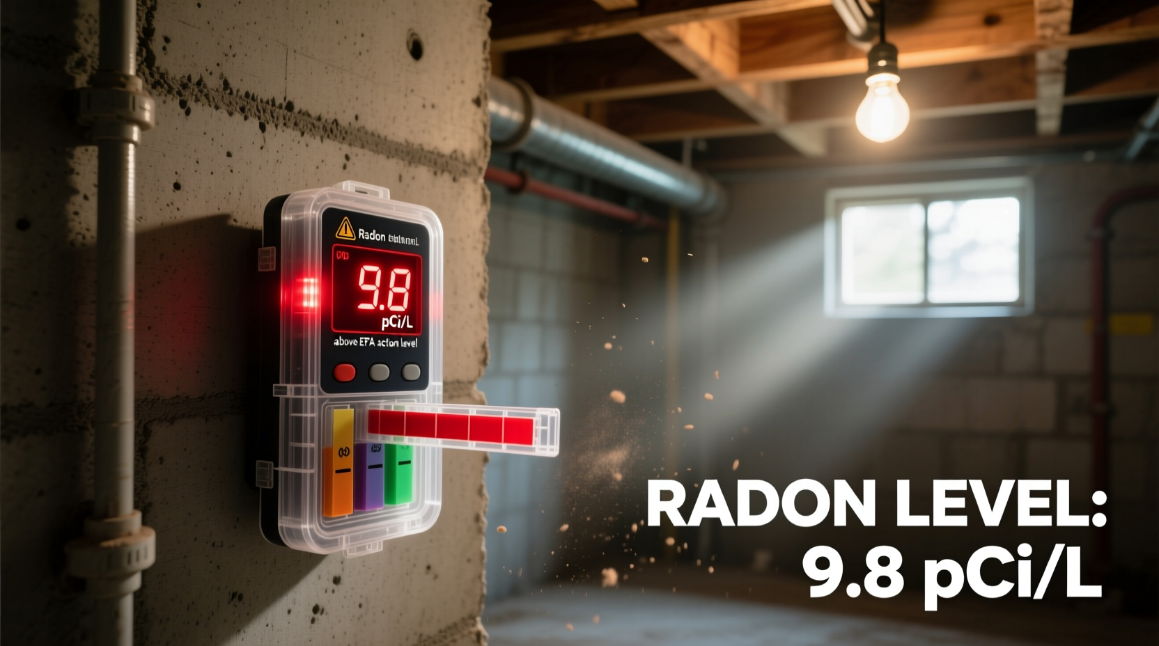 Radon test kit showing high reading in basement