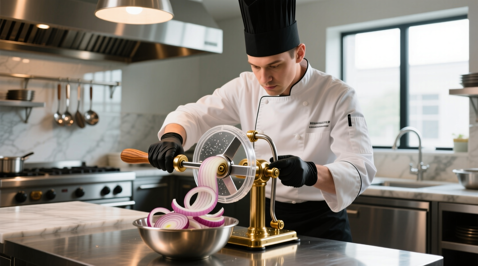 Professional chef using rotary onion slicer with safety guard