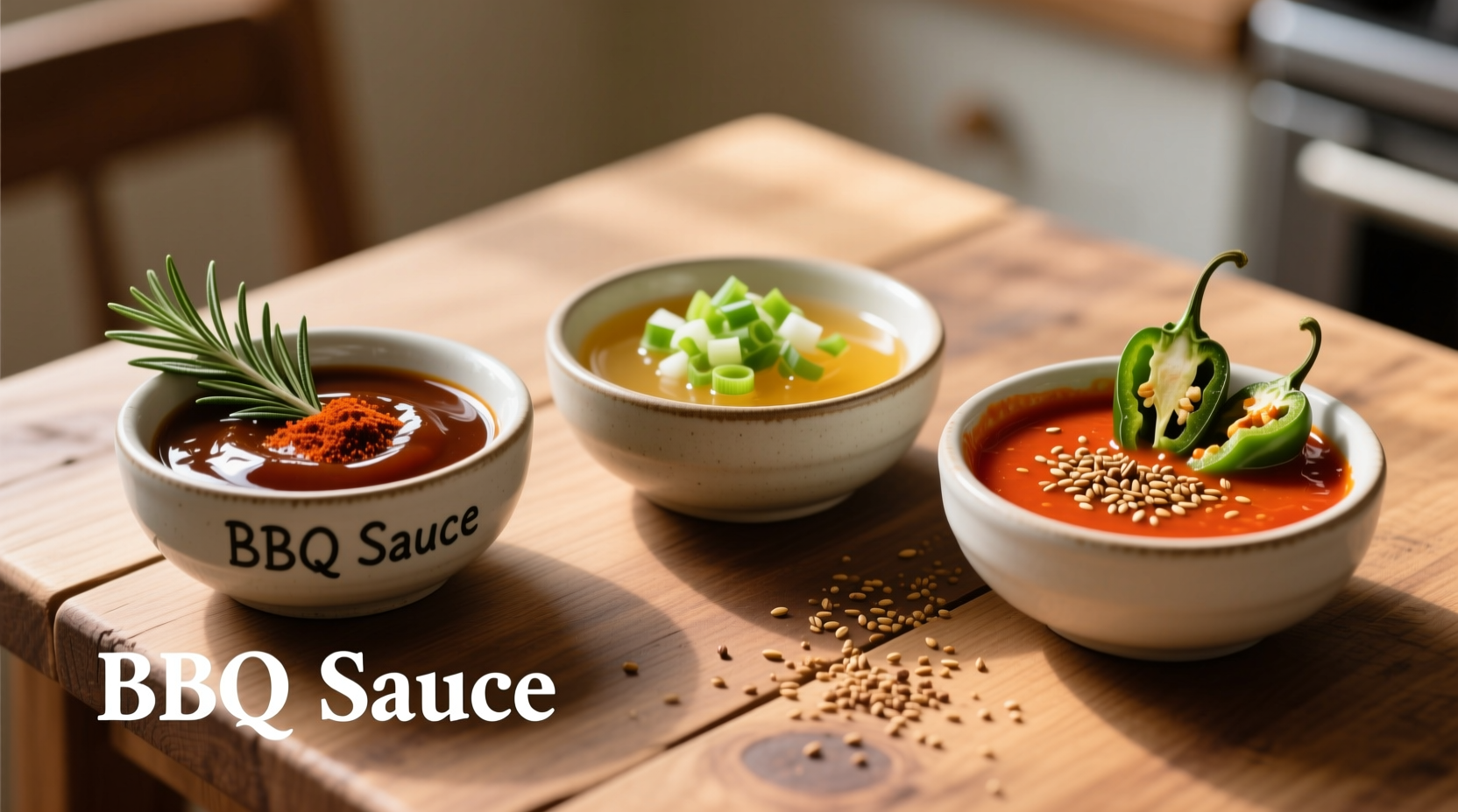 Three variations of easy homemade bbq sauce in small dipping bowls