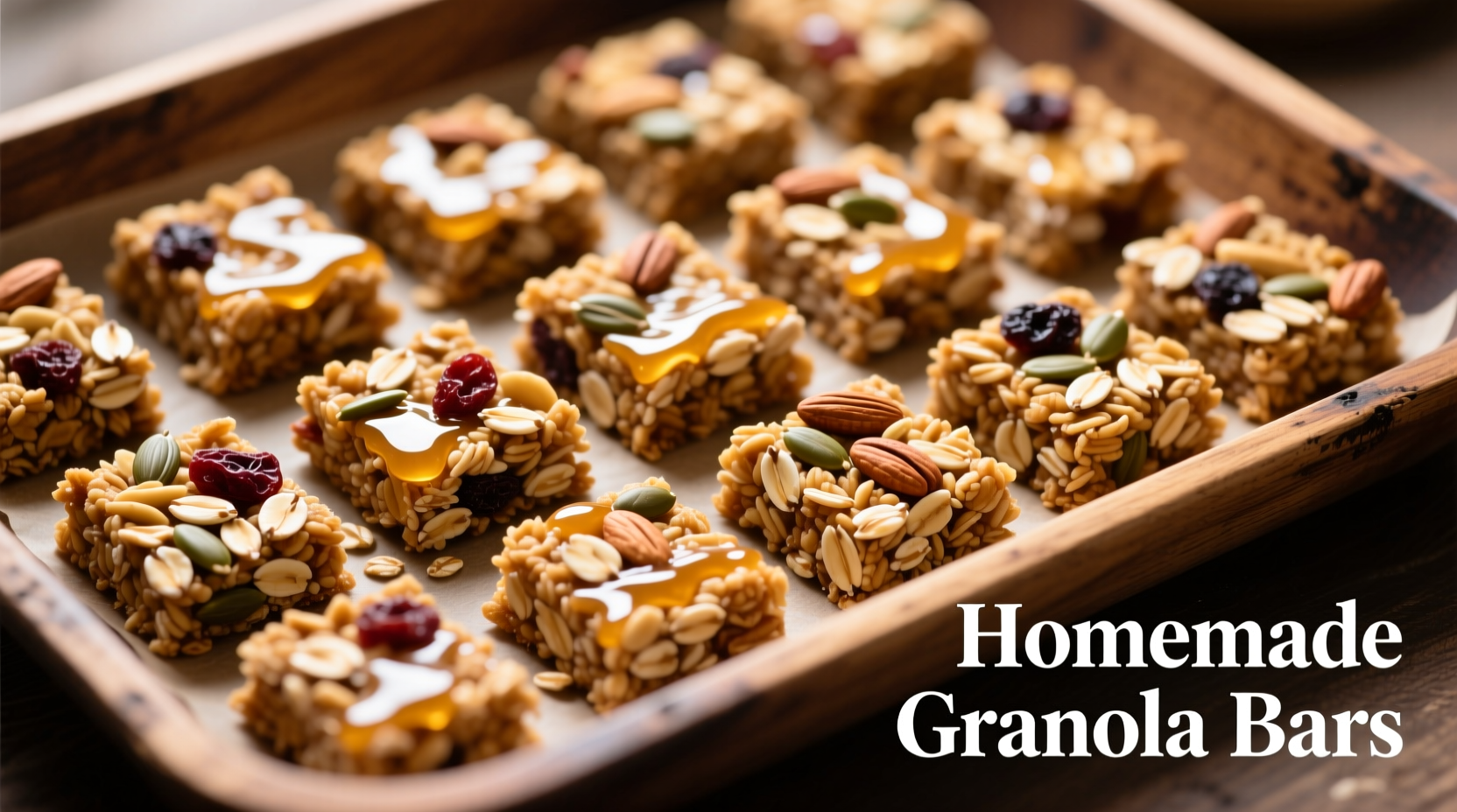 Homemade granola bars in baking pan before cutting
