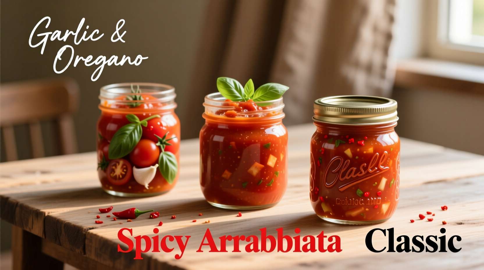 Three variations of fresh tomato sauce in mason jars