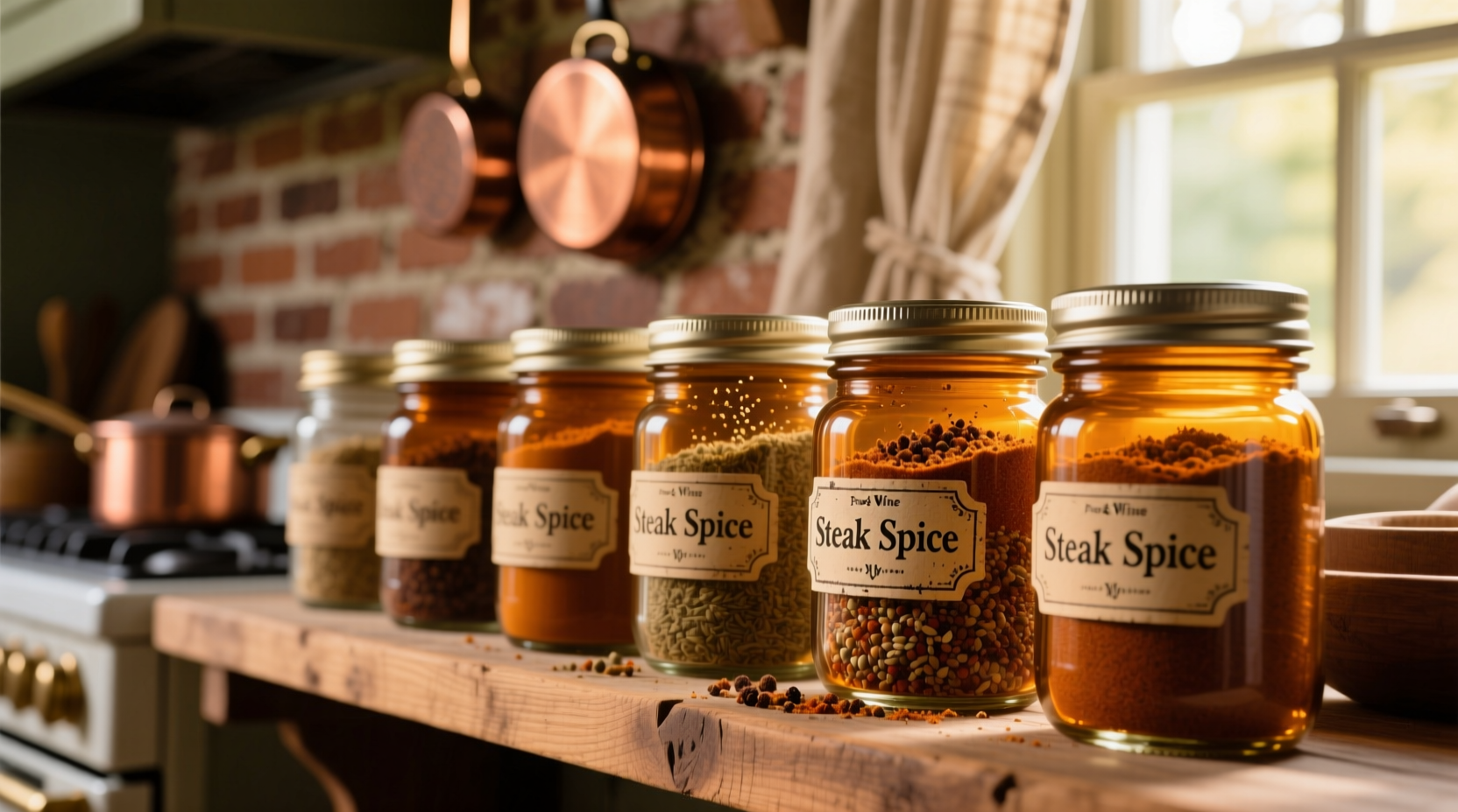 Homemade steak spice stored in amber glass jars on kitchen shelf