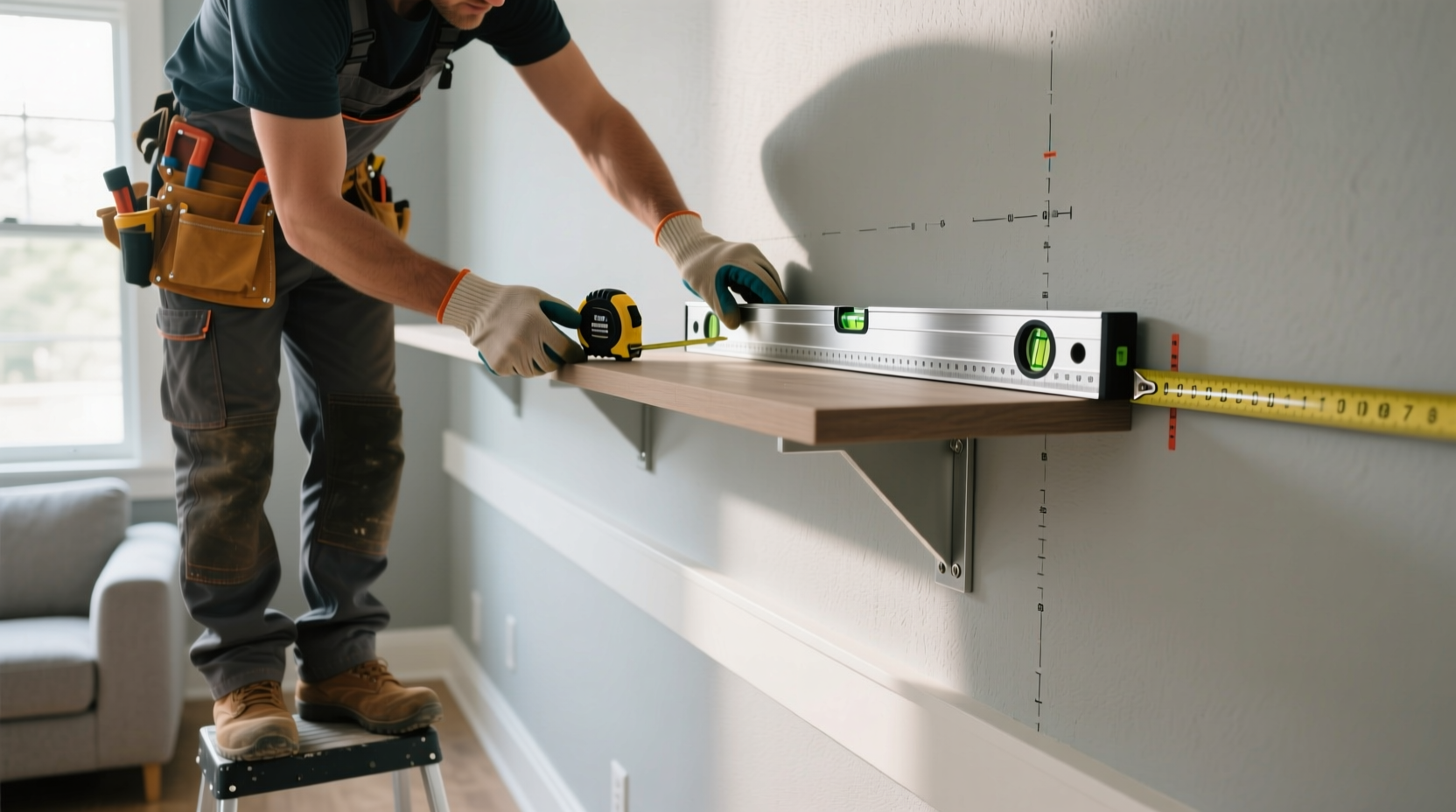 Floating shelf bracket installation with level and tape measure