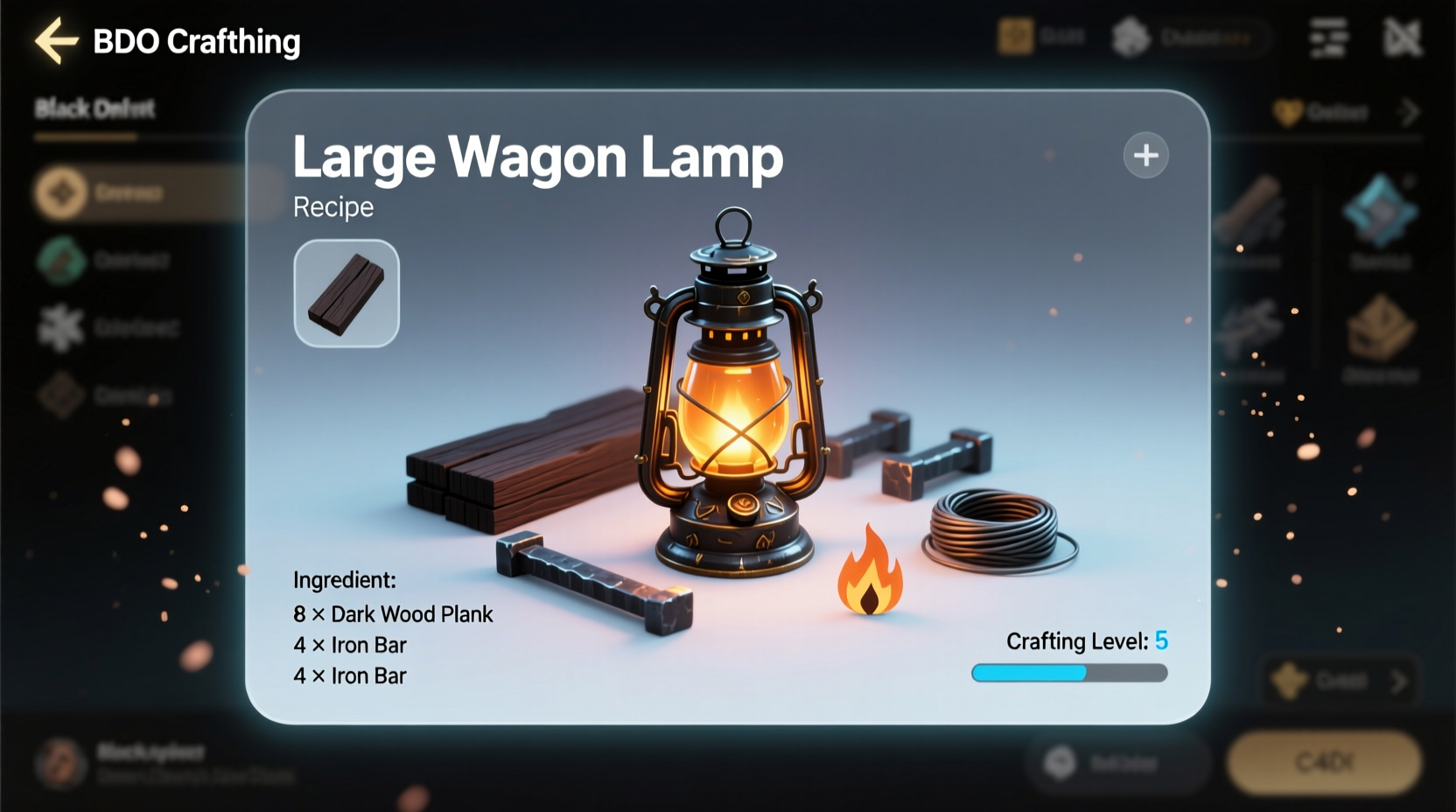 BDO crafting interface showing Large Wagon Lamp recipe