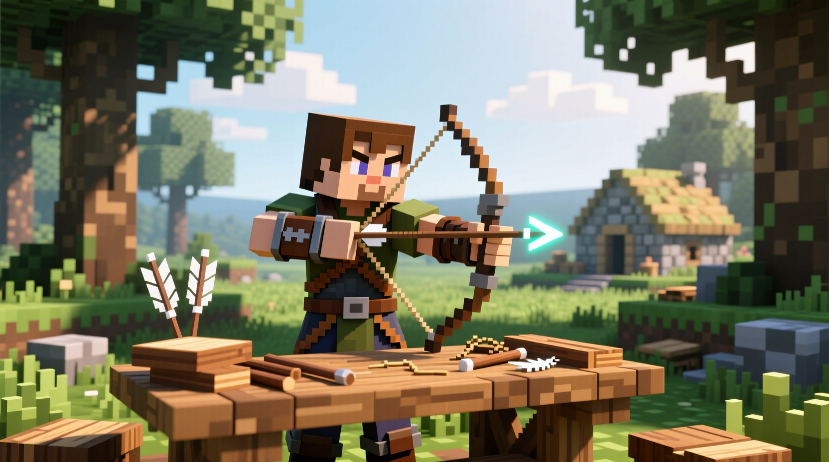 Minecraft player crafting bow at table in survival world