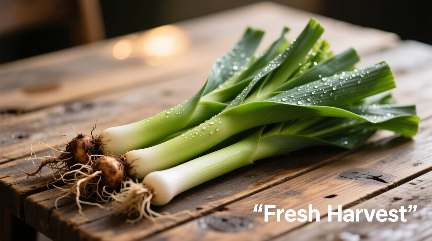 Fresh leeks with roots and green leaves on wooden table