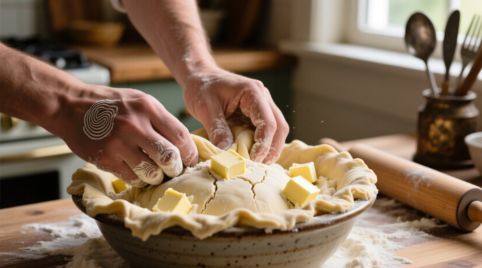Hands mixing pie crust dough in bowl with visible butter chunks