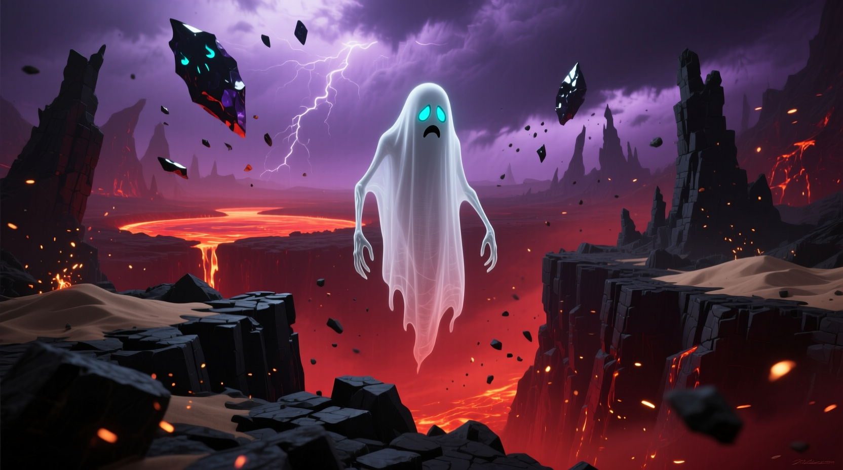 Ghast mob floating in Nether dimension