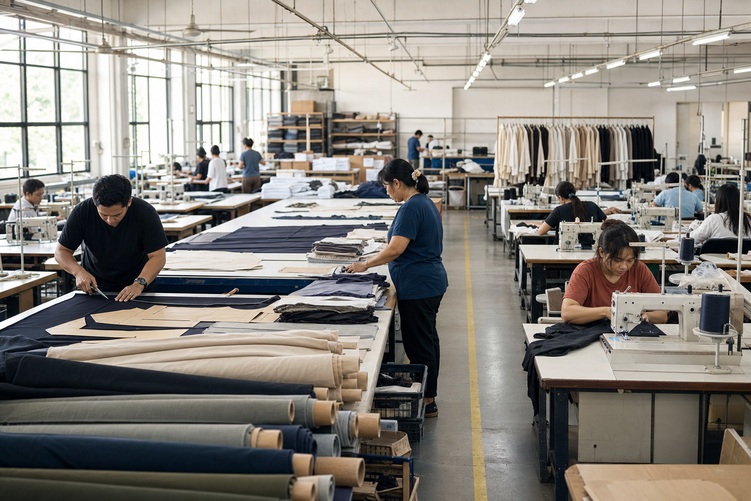 Illustrative view of an Indonesian garment production floor with cutting, sewing and quality-checking stations