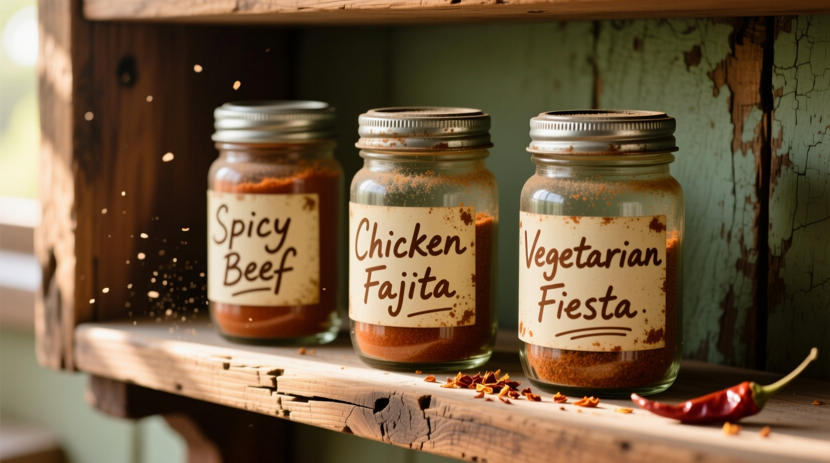 Taco seasoning jars with handwritten labels on wooden shelf