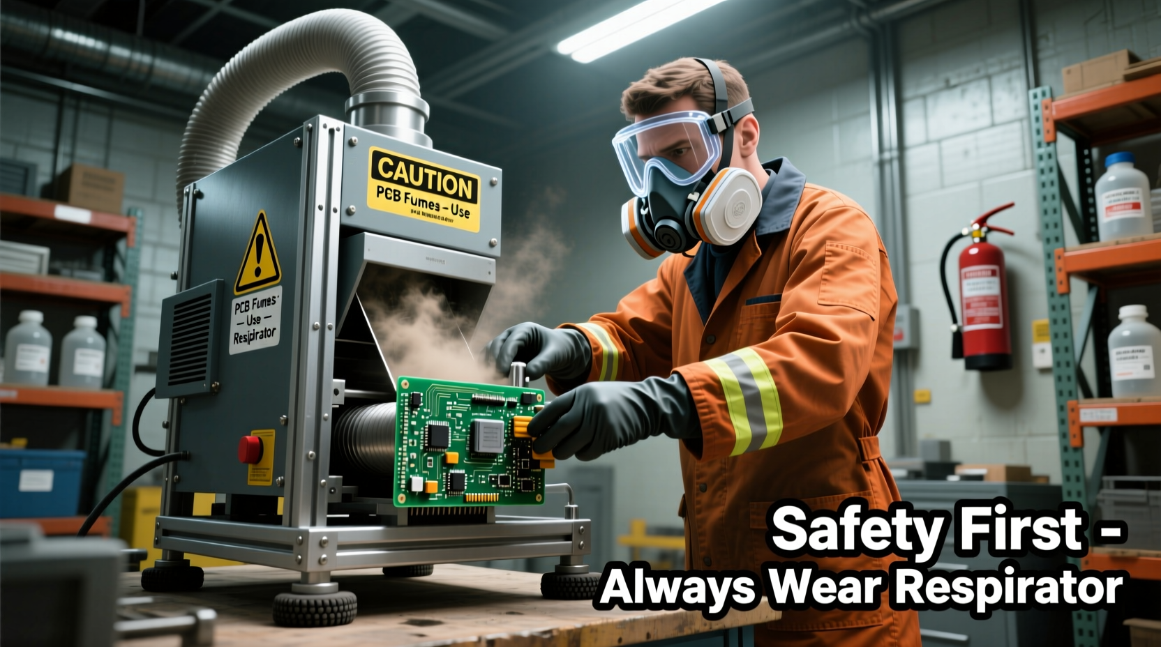 DIY circuit board shredder safety setup with respirator