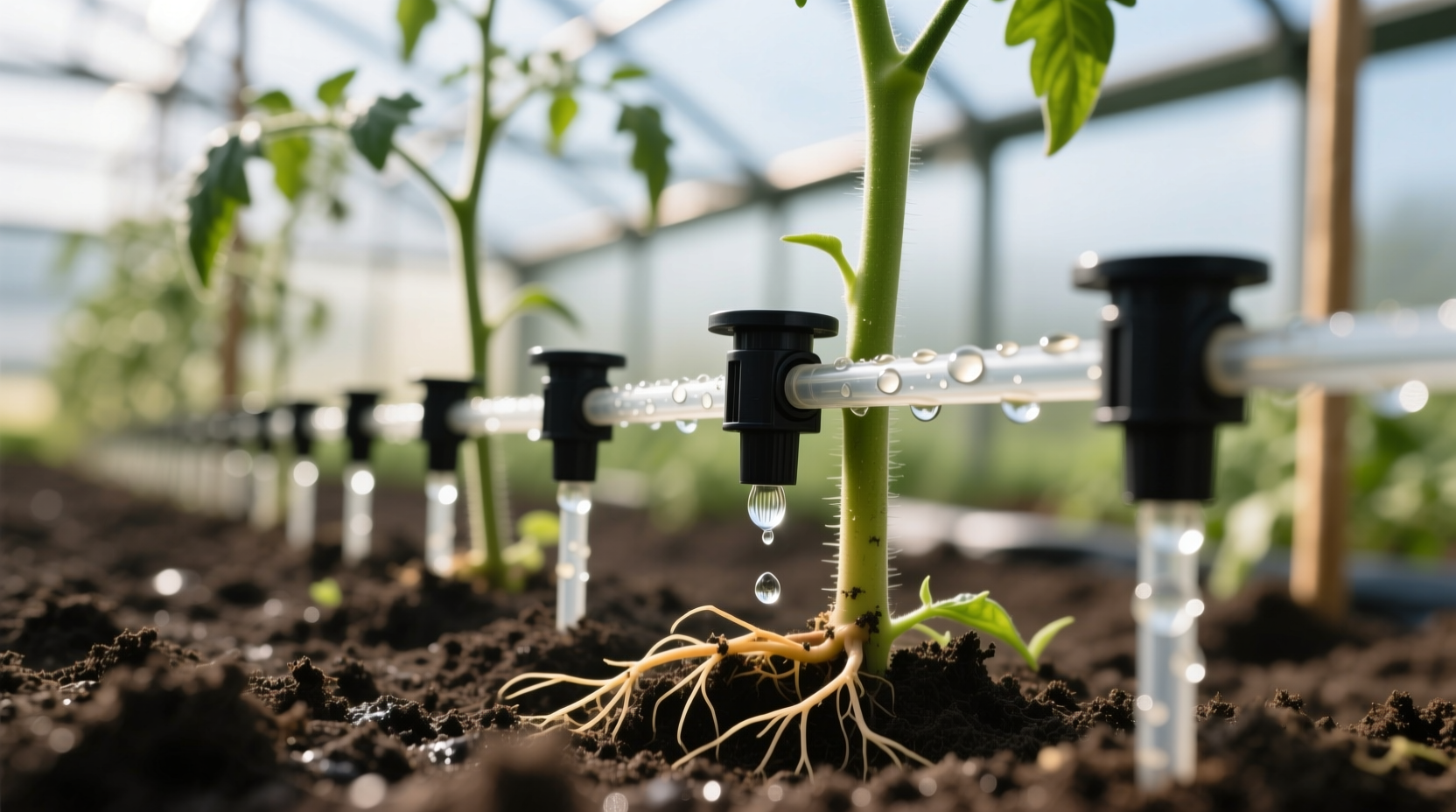 Close-up of drip emitter placement around tomato plants