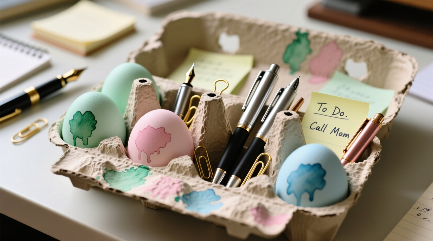 Painted egg carton compartments holding pens and paperclips