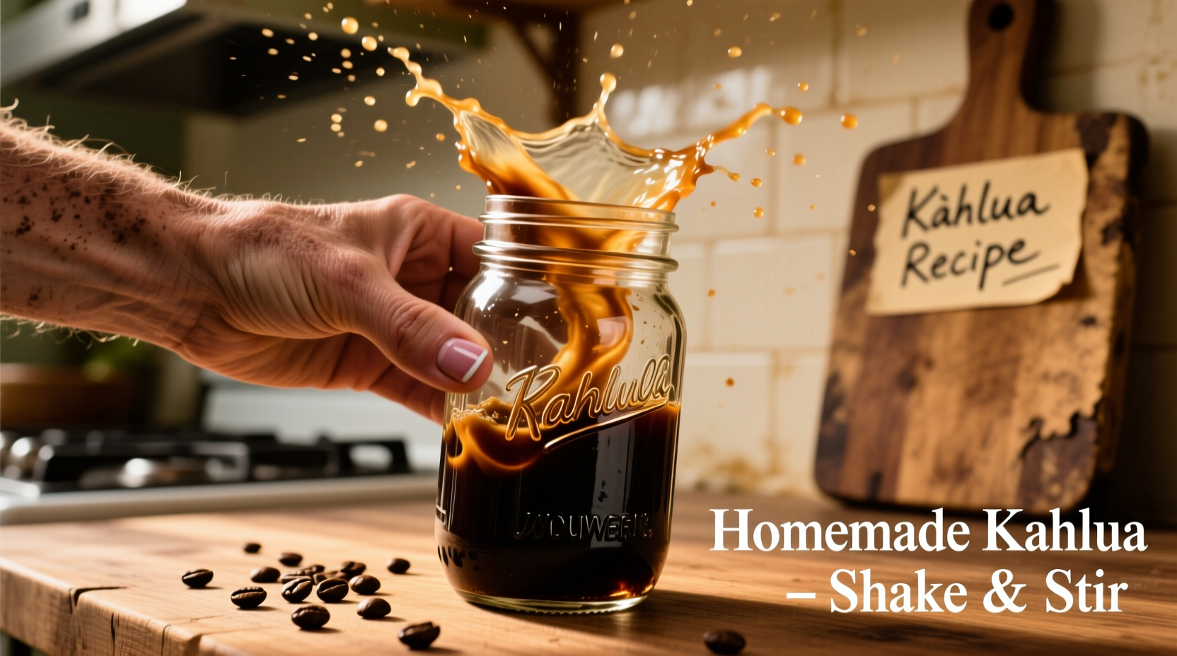 Shaking homemade Kahlua in mason jar