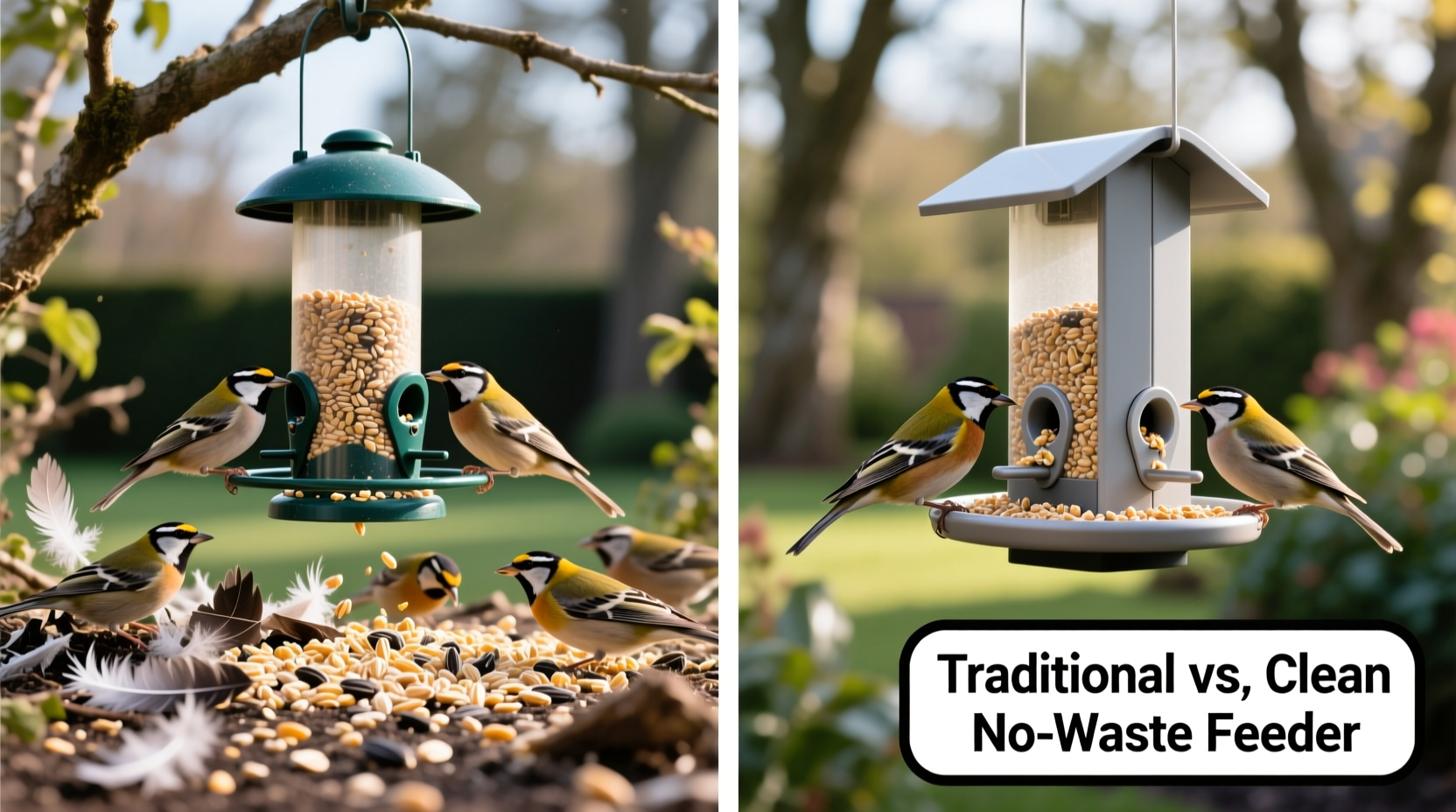 Comparison of traditional bird seed mess versus clean no-waste feeder