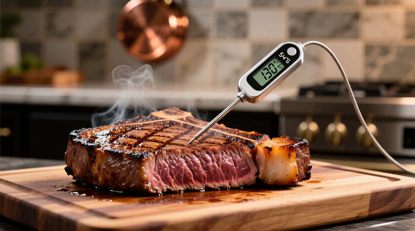 Perfectly seared steak with temperature probe