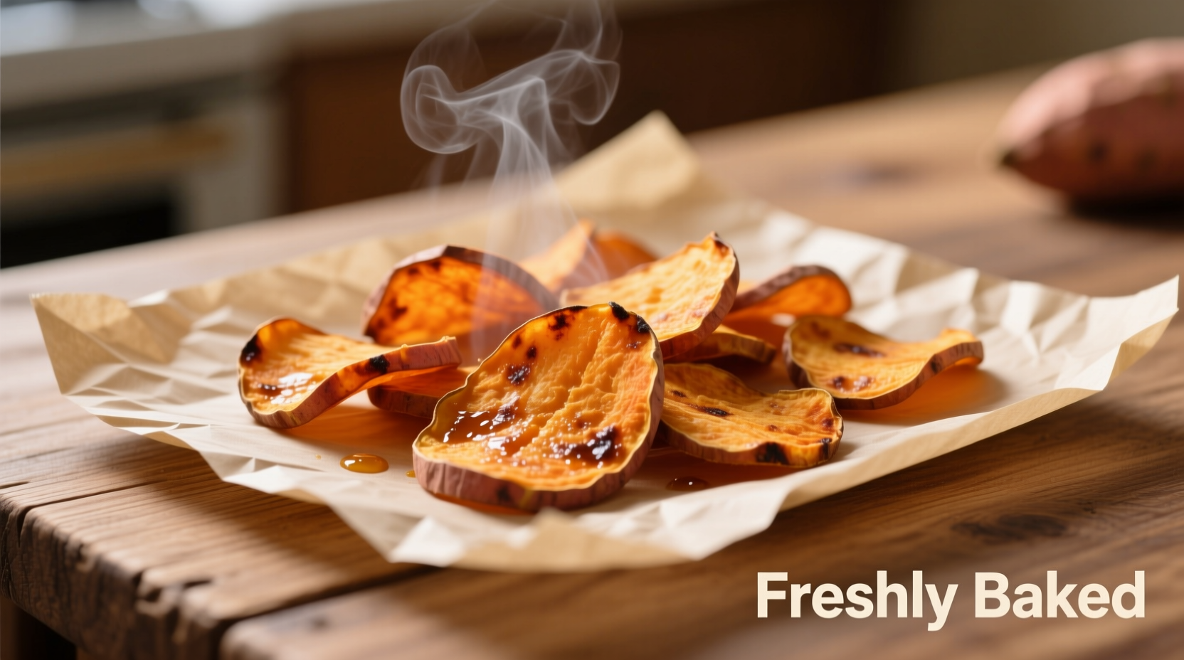 Homemade sweet potato chips on parchment paper