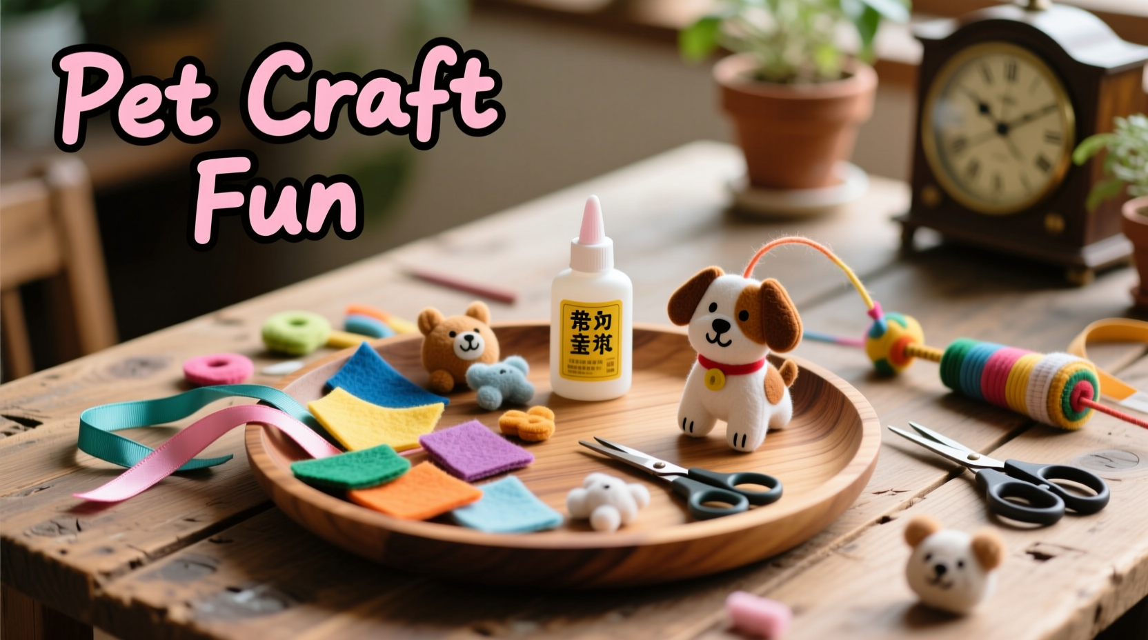 DIY pet teaser materials on wooden table