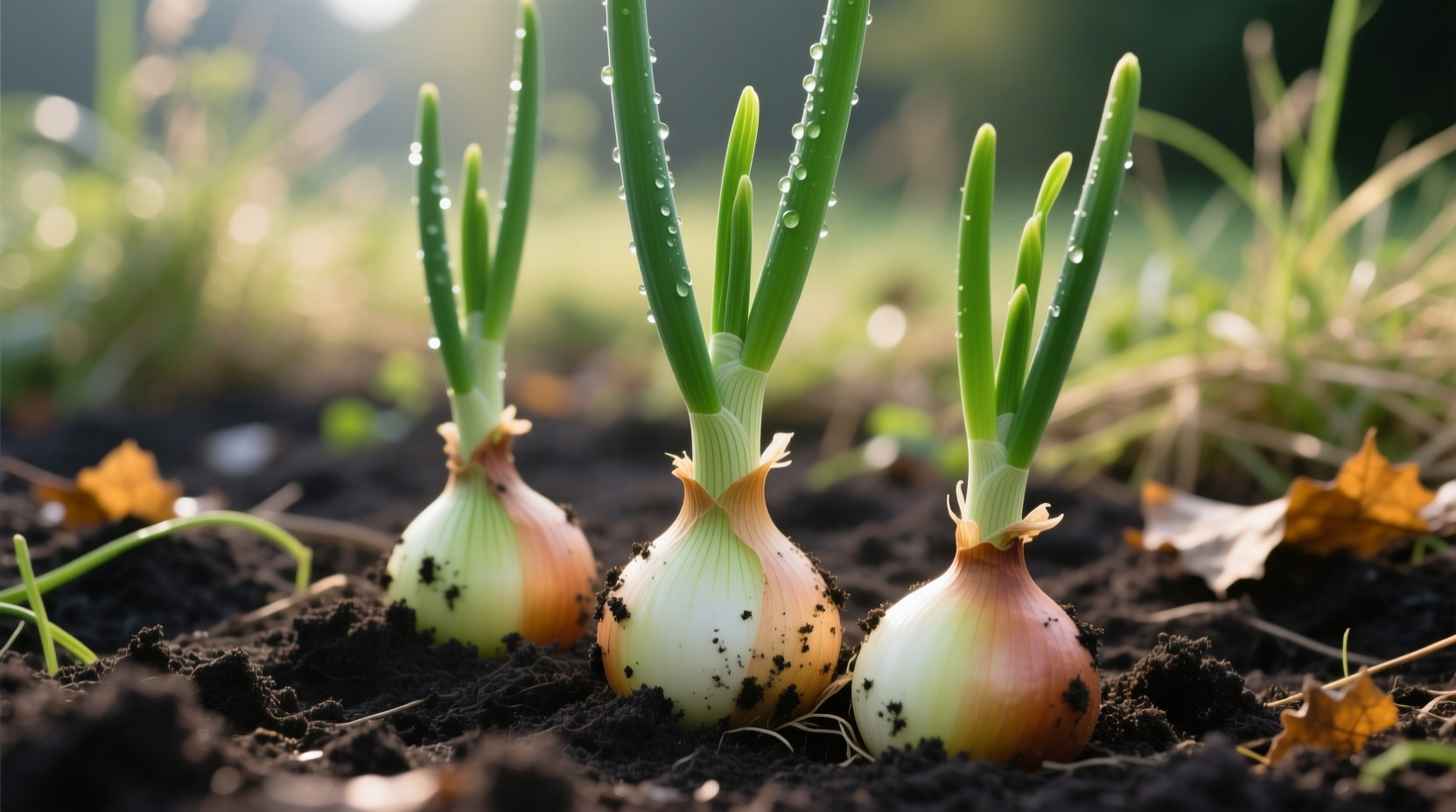 Healthy onion bulbs growing in garden soil with green shoots